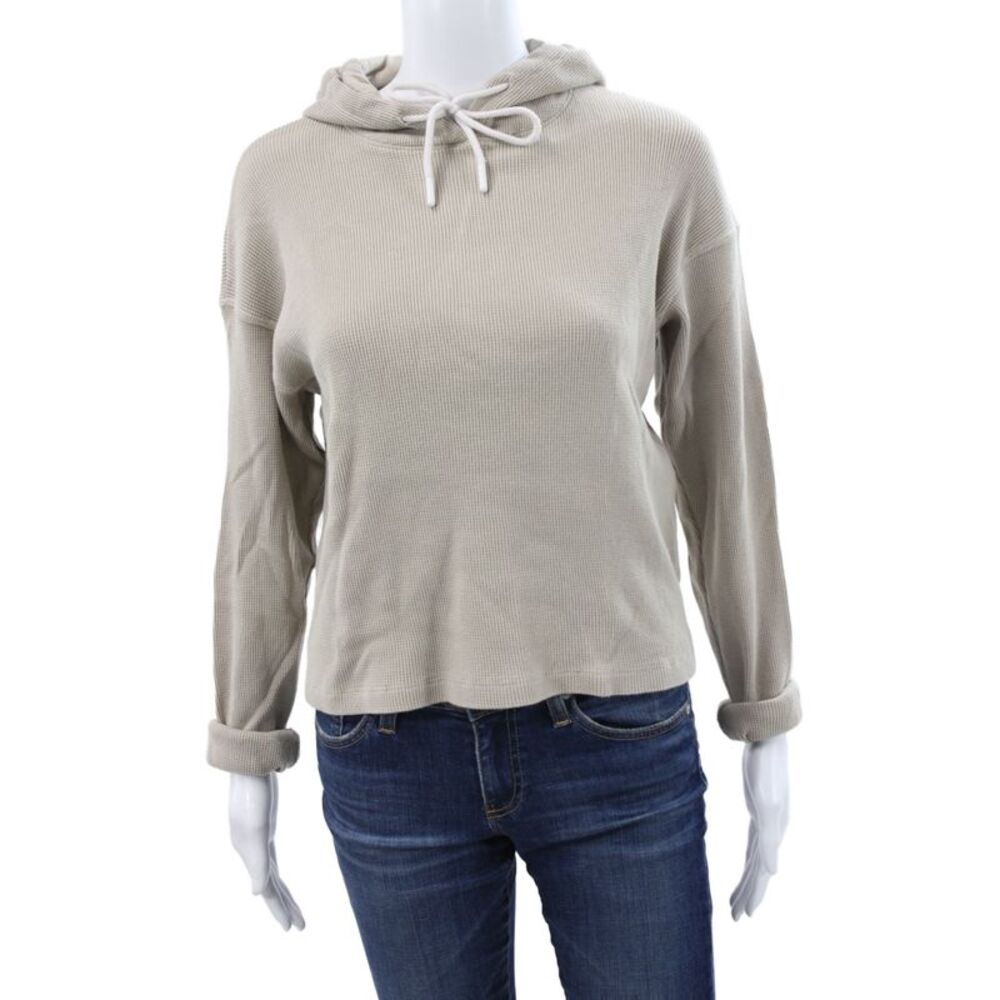 Leallo Women Pullover Hoodie Beige 100% Cotton Crew Neck Long Sleeve Size XS